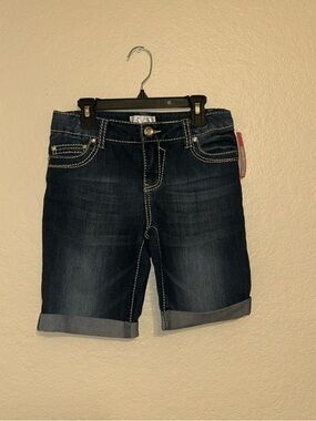 Xhilaration Bermuda Jean Shorts Girls L 10/12 Dark Denim Rhinestones Adjustable